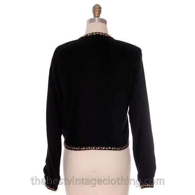 Vintage 1980s Wool Beaded Cardigan Sweater Black M Gold Beads