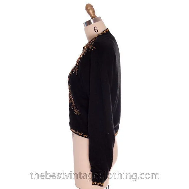 Vintage 1980s Wool Beaded Cardigan Sweater Black M Gold Beads