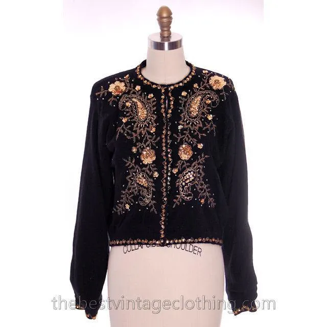 Vintage 1980s Wool Beaded Cardigan Sweater Black M Gold Beads