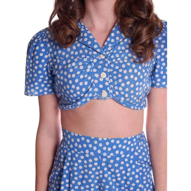 Vintage 2 Pc Play Suit Blue Polka Dot Cotton  Shorts/CropTop 1940S Small