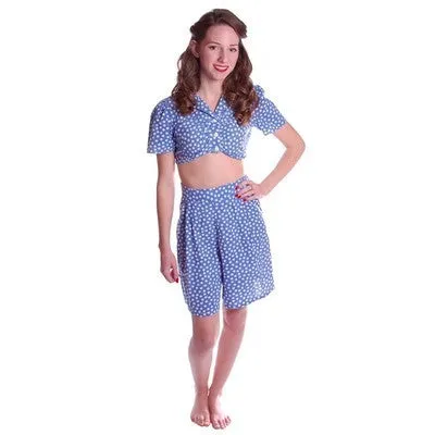 Vintage 2 Pc Play Suit Blue Polka Dot Cotton  Shorts/CropTop 1940S Small