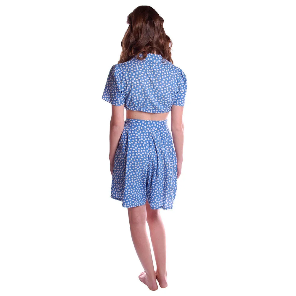 Vintage 2 Pc Play Suit Blue Polka Dot Cotton  Shorts/CropTop 1940S Small