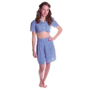 Vintage 2 Pc Play Suit Blue Polka Dot Cotton  Shorts/CropTop 1940S Small