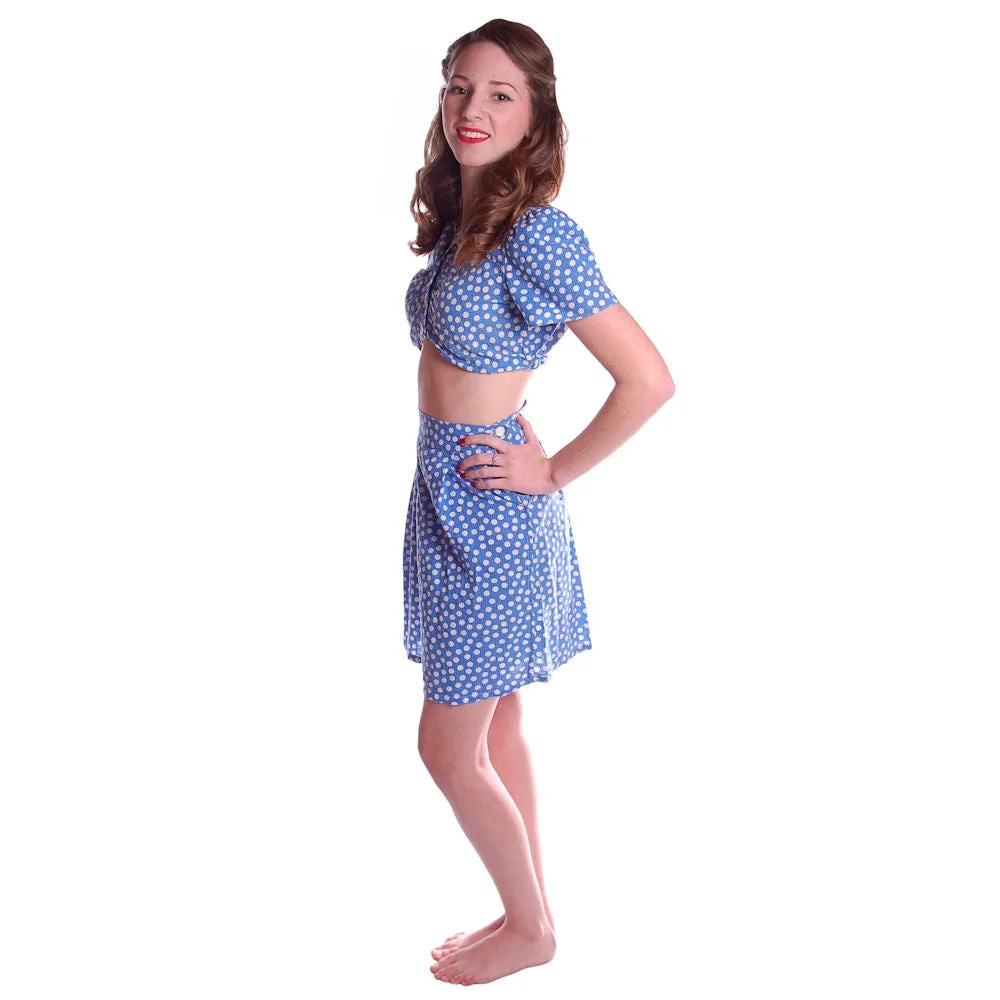 Vintage 2 Pc Play Suit Blue Polka Dot Cotton  Shorts/CropTop 1940S Small