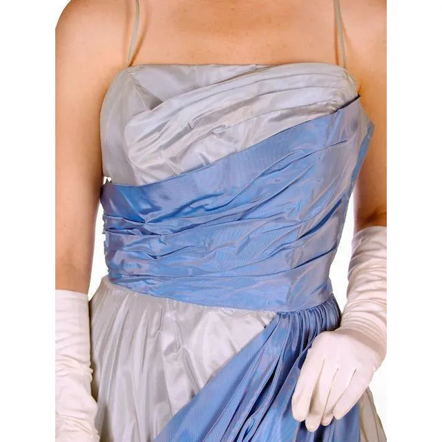 Vintage 2 Tone Blue Taffeta Bubble Gown Strapless 1950s 34-25-38