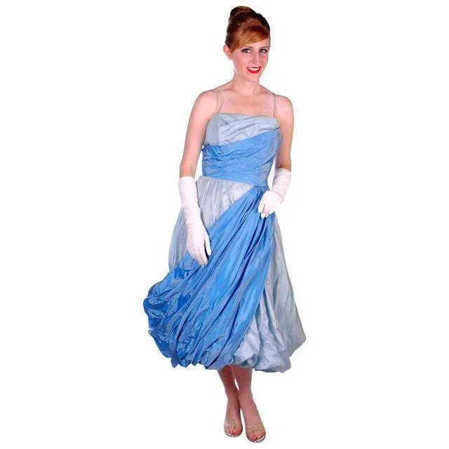 Vintage 2 Tone Blue Taffeta Bubble Gown Strapless 1950s 34-25-38