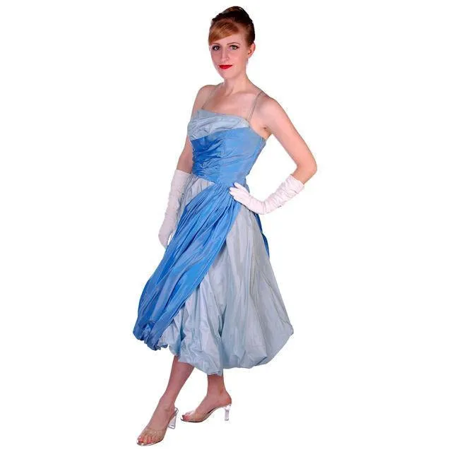 Vintage 2 Tone Blue Taffeta Bubble Gown Strapless 1950s 34-25-38