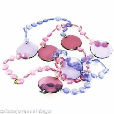 Vintage Acrylic Mod Purple Discs Necklace  1970S 68" Long