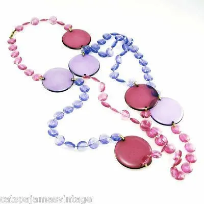 Vintage Acrylic Mod Purple Discs Necklace  1970S 68" Long
