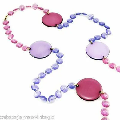 Vintage Acrylic Mod Purple Discs Necklace  1970S 68" Long