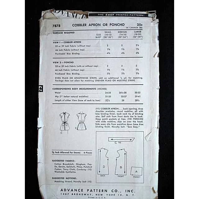 Vintage Advance Cobbler Bib Apron Pattern #7878 1950S