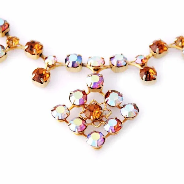 Vintage Amber Aurora Borealis  Necklace/Ears 1950S