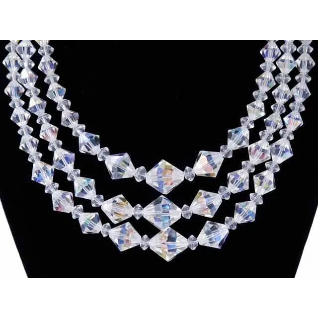Vintage Aurora Borealis Diamond Cut Crystal Necklace Triple Strand 1950S