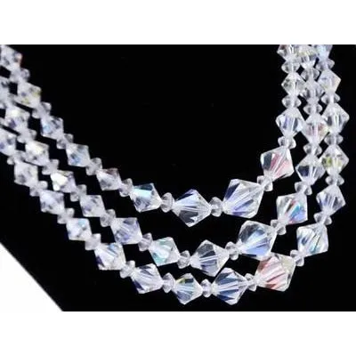 Vintage Aurora Borealis Diamond Cut Crystal Necklace Triple Strand 1950S