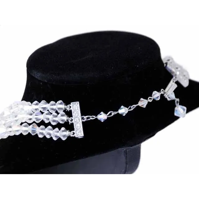 Vintage Aurora Borealis Diamond Cut Crystal Necklace Triple Strand 1950S