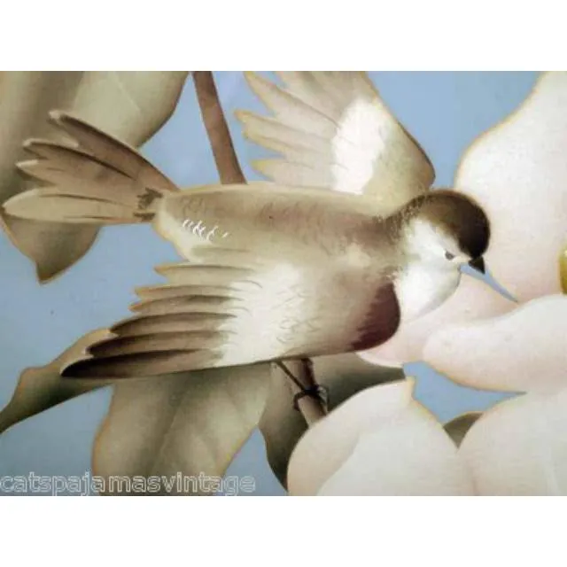 Vintage Bird & Magnolia Print Framed Ultra Art Moderne 17" SQ 1940s Signed Bernard