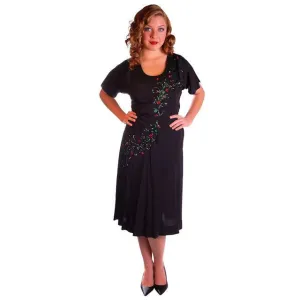 Vintage Black Cocktail Dress W/Colored Sequin Floral Soutache 1940S 40-30-42