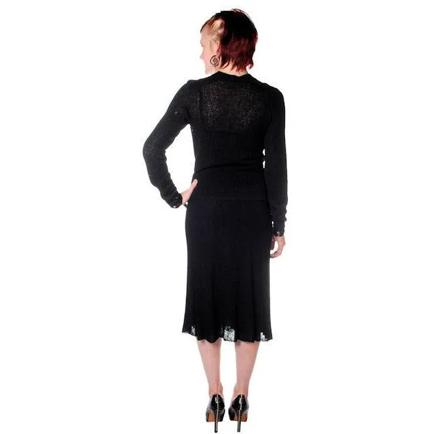 Vintage Black Rayon Knit Skirt Suit 1930s Glass Buttons Size  Small