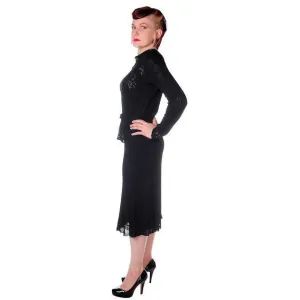 Vintage Black Rayon Knit Skirt Suit 1930s Glass Buttons Size  Small
