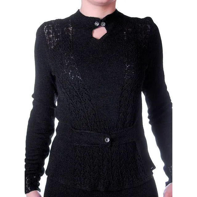 Vintage Black Rayon Knit Skirt Suit 1930s Glass Buttons Size  Small