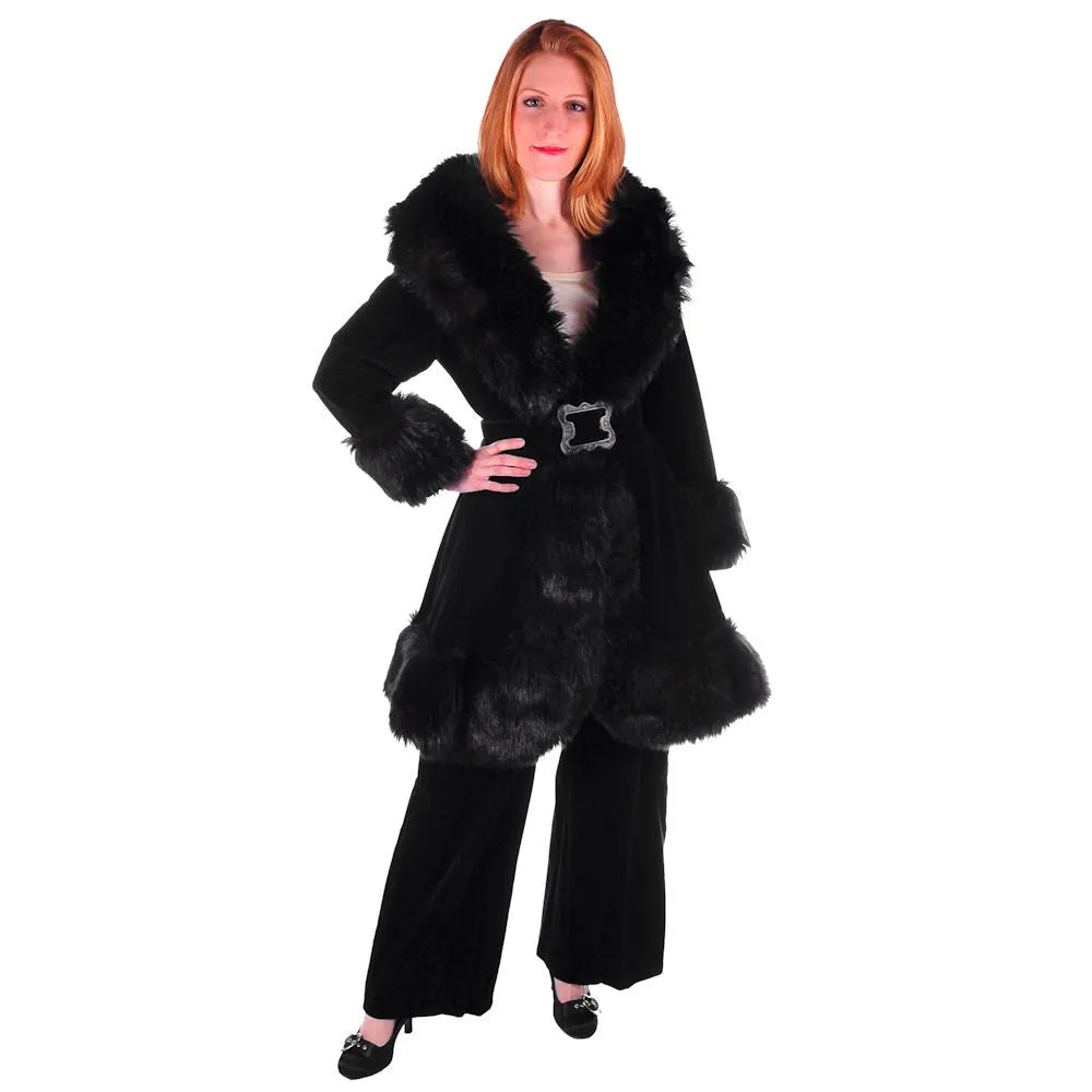 Vintage Black Velvet Zhivago Russian Faux Fur Trimmed Coat/Pants 1970S 27" Waist