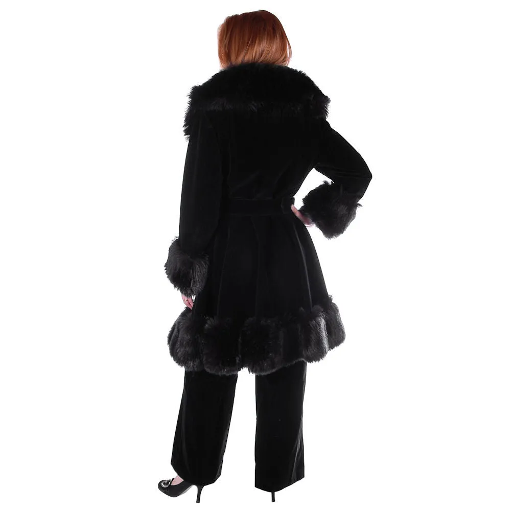 Vintage Black Velvet Zhivago Russian Faux Fur Trimmed Coat/Pants 1970S 27" Waist