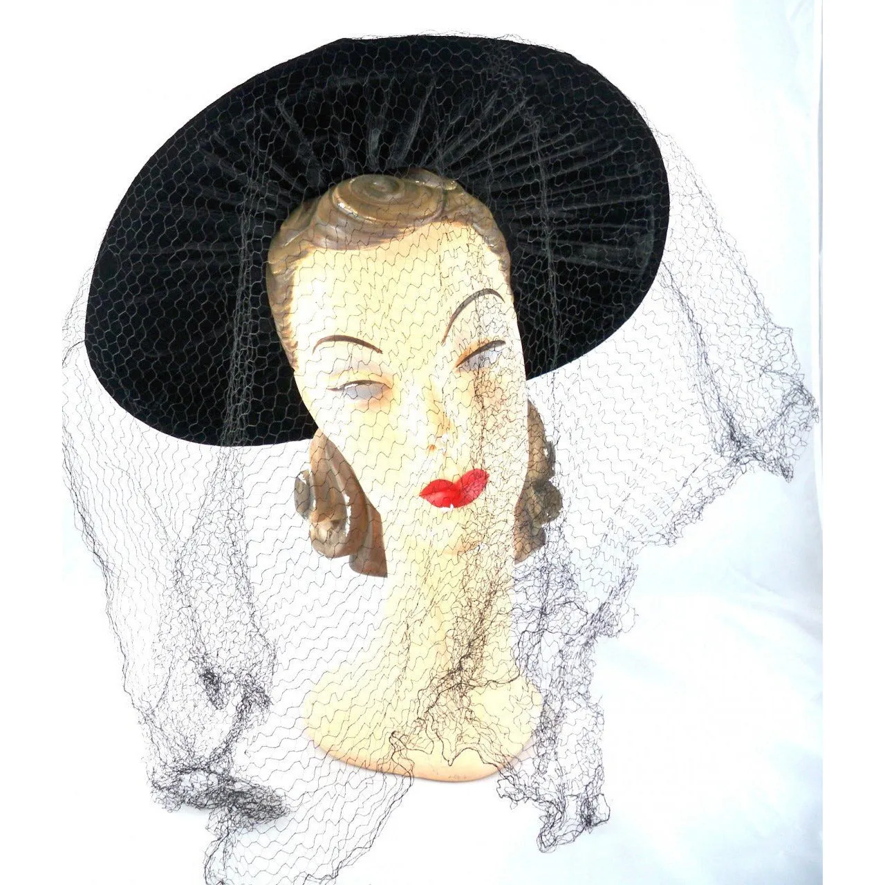 Vintage Black Widow Ladies Hat Velvet Wide Brim Full Veil 1940s