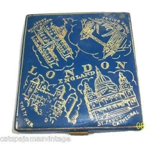 Vintage Blue Leather Embossed Compact London 1940S