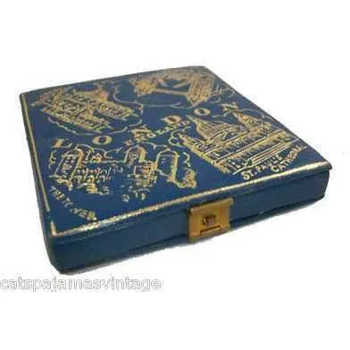 Vintage Blue Leather Embossed Compact London 1940S