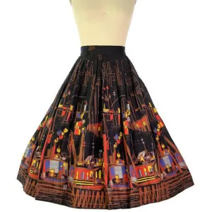 Vintage Border Print Skirt Cotton Colorful Cityscape 1950s Never Worn