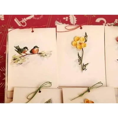 Vintage Box of Tally Cards Hand Painted 3D Birds Shells Flowers 1930s