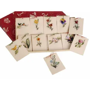 Vintage Box of Tally Cards Hand Painted 3D Birds Shells Flowers 1930s