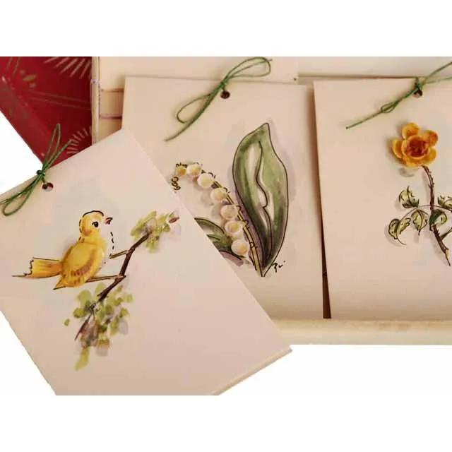 Vintage Box of Tally Cards Hand Painted 3D Birds Shells Flowers 1930s