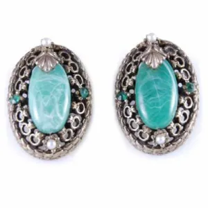 Vintage Brass tone Filigree Jade Clip-On Earrings 1940S