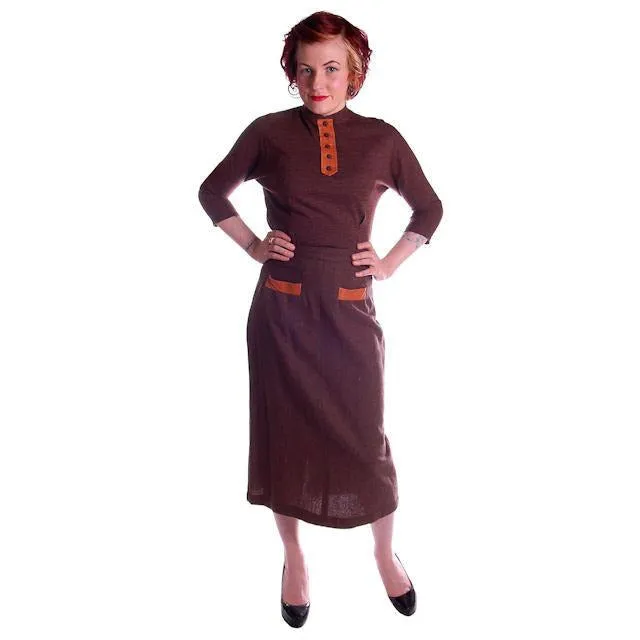 Vintage Brown Wool 2 Tone Ladies Suit  Small 1950 Art More