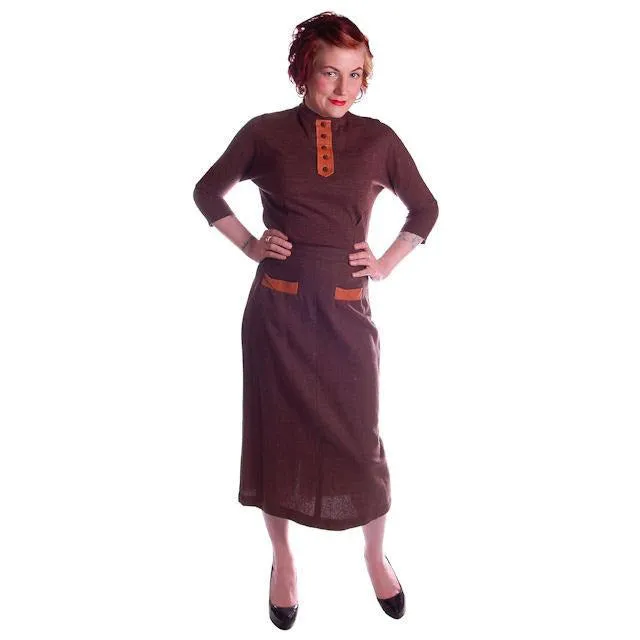 Vintage Brown Wool 2 Tone Ladies Suit  Small 1950 Art More
