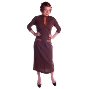 Vintage Brown Wool 2 Tone Ladies Suit  Small 1950 Art More