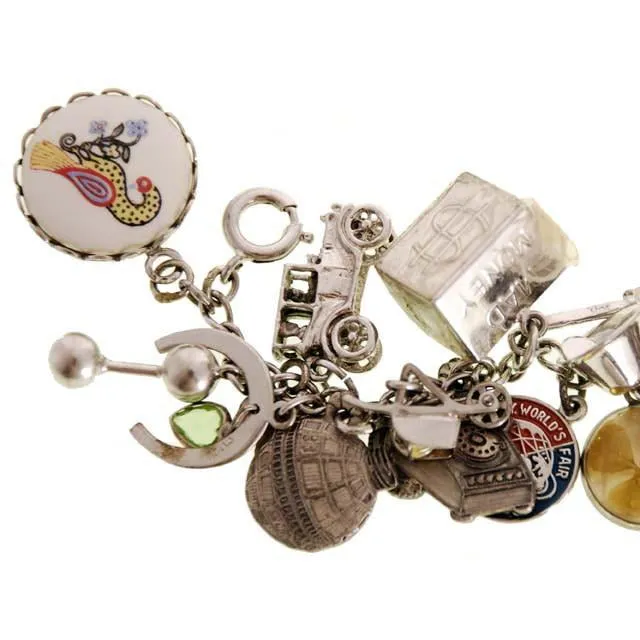 Vintage Charm Bracelet Bell Telephone Sterling Silver 23 Charms '64 Worlds Fair