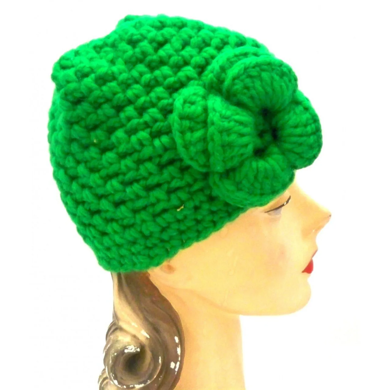 Vintage Cloche Hat 1970s Bright Green One Size