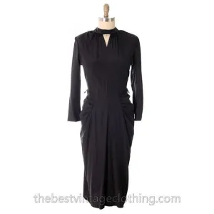 Vintage Cocktail Dress 1940s Black Faille Yellow Fishtail  36-29-36
