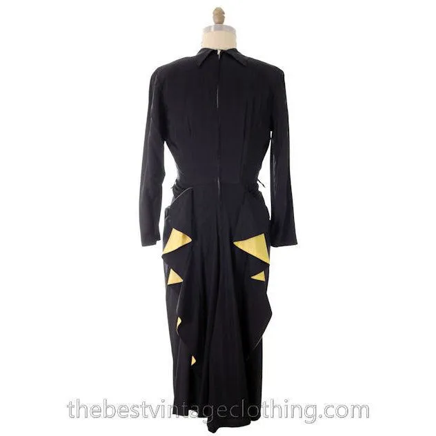 Vintage Cocktail Dress 1940s Black Faille Yellow Fishtail  36-29-36