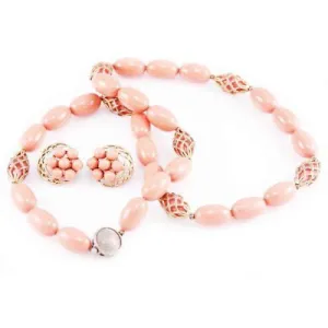 Vintage Coral-Colored Beads & Filigree Necklace W/Clip Earrings 1950S