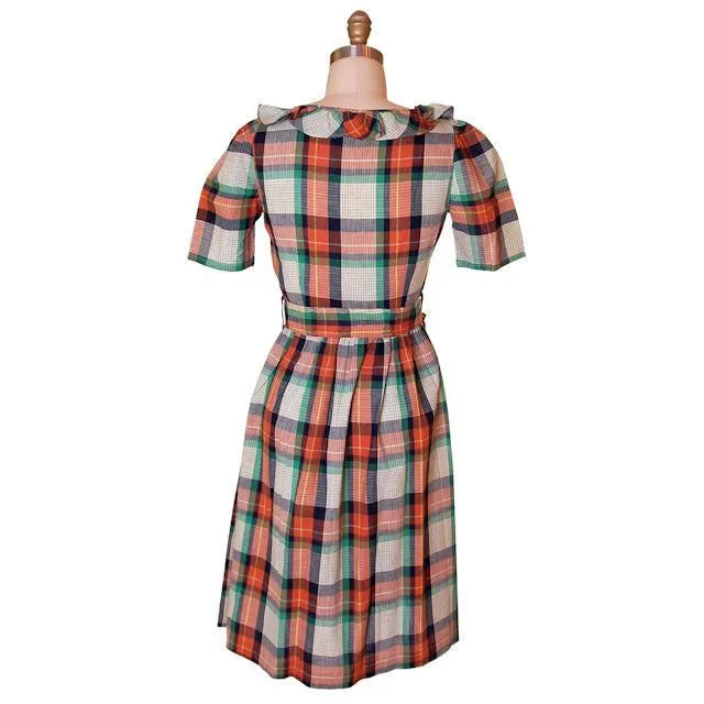 Vintage Cotton House Dress Frock Green Plaid WW2 1940s 35-28-46 S/M Guernsey