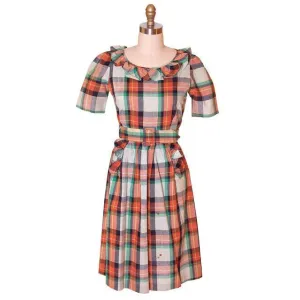 Vintage Cotton House Dress Frock Green Plaid WW2 1940s 35-28-46 S/M Guernsey