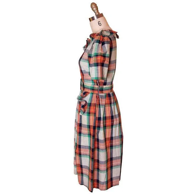 Vintage Cotton House Dress Frock Green Plaid WW2 1940s 35-28-46 S/M Guernsey
