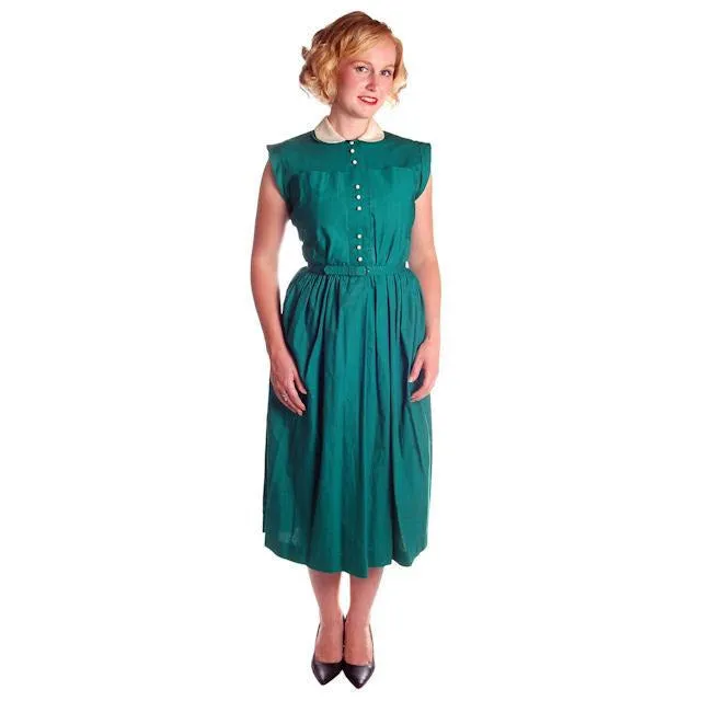 Vintage Cotton Summer Dress Green Nice Details Jonathan Logan 1940s 36-26-Free