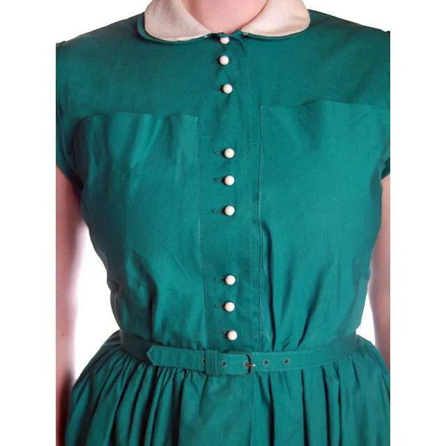 Vintage Cotton Summer Dress Green Nice Details Jonathan Logan 1940s 36-26-Free