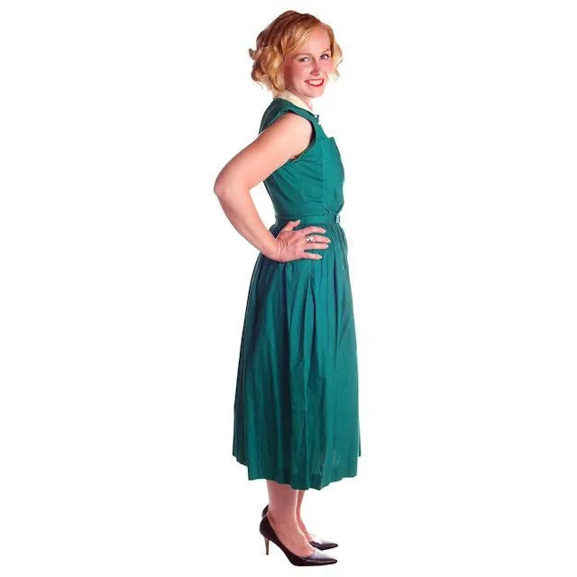 Vintage Cotton Summer Dress Green Nice Details Jonathan Logan 1940s 36-26-Free