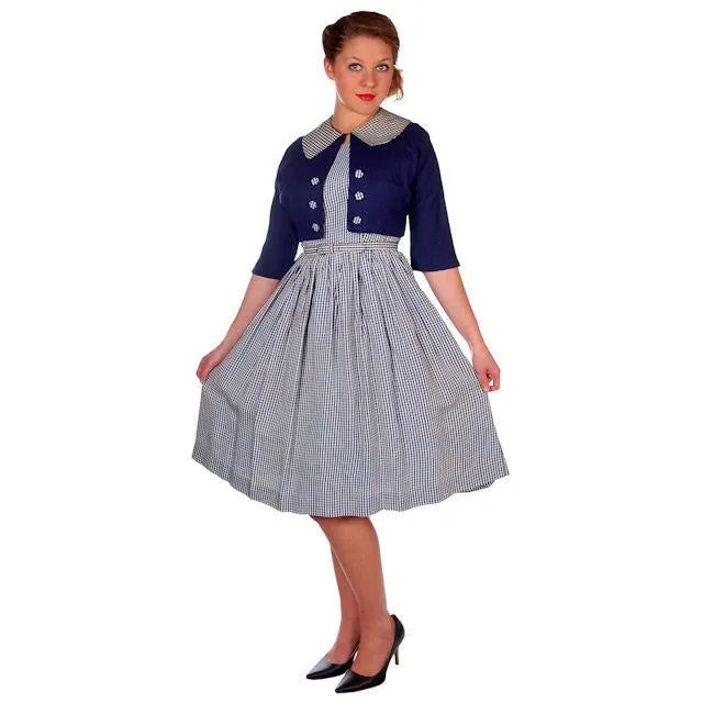 Vintage Day Dress Navy Gingham & Linen Jacket 1950s 41-30-Free