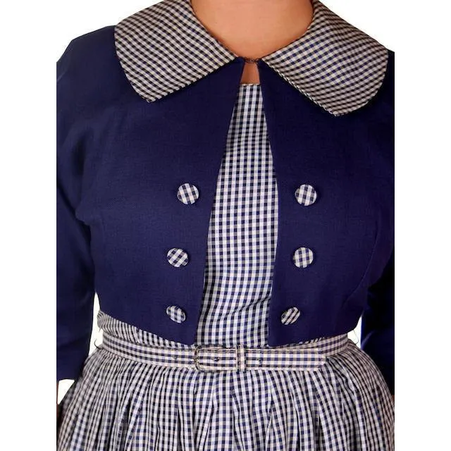 Vintage Day Dress Navy Gingham & Linen Jacket 1950s 41-30-Free
